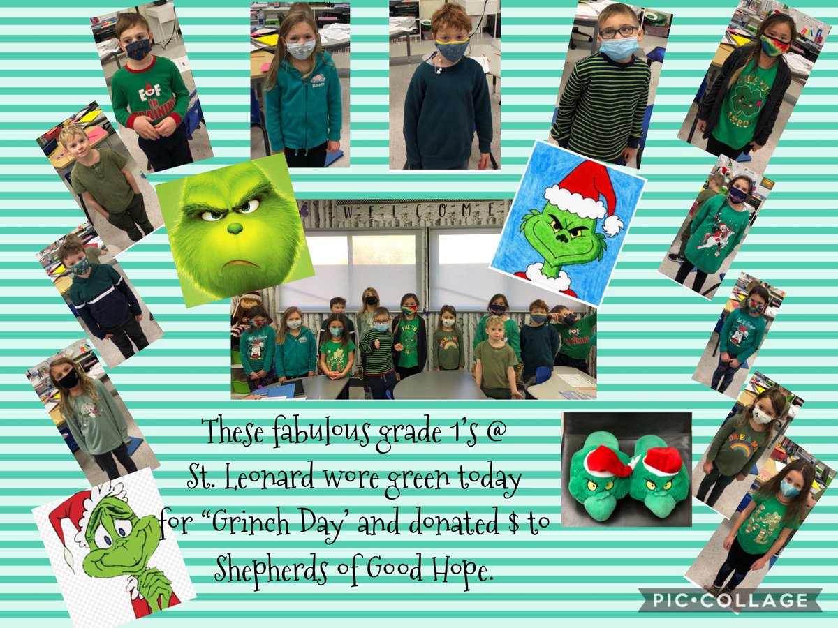 The fabulous grade 1’s ⁦@StLeonardOCSB⁩ participated in “Grinch Day” today by wearing green and donating money to Shepherds of Good Hope ⁦@sghottawa⁩. 
#GivingTuesday2020 #toonieTuesday #ocsbBeCommunity
