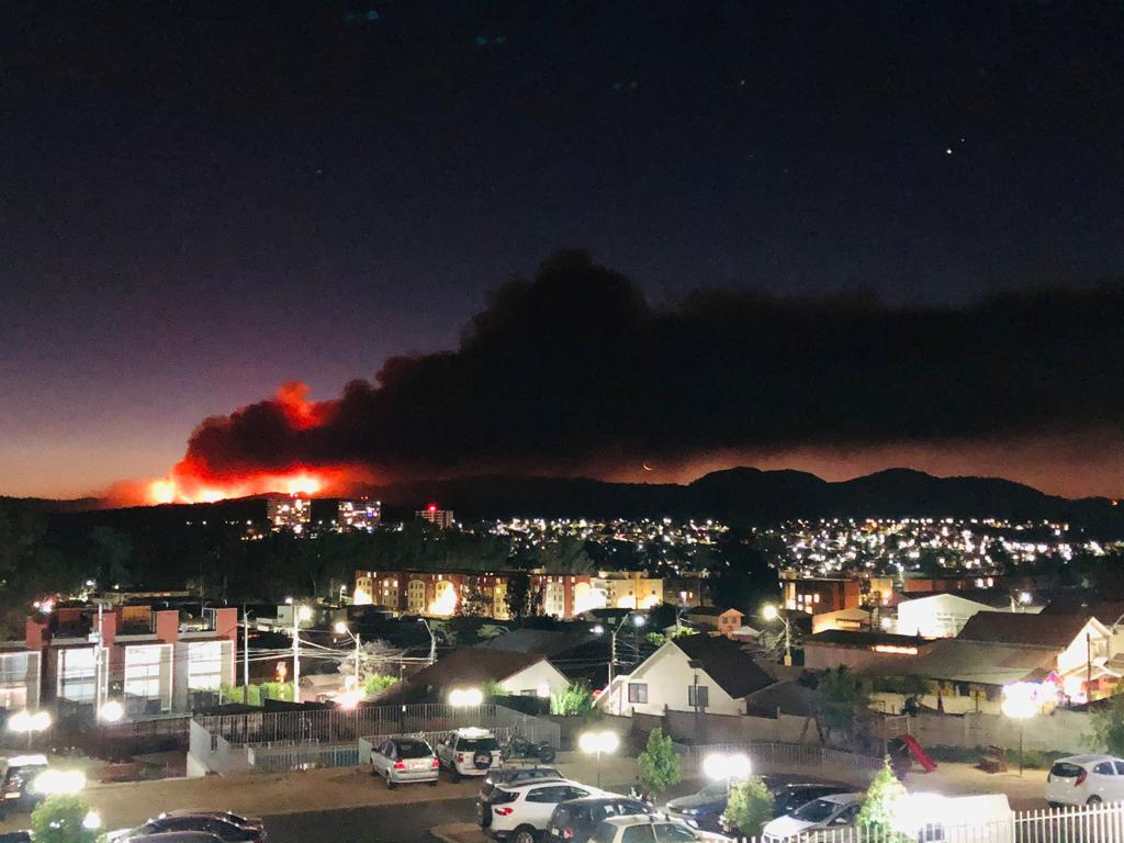 AHORA Quilpué  TOTALMENTE DESCONTROLADO GIGANTESCO INCENDIO FORESTAL HACIENDA LAS PALMAS  sector Las Fraguas deslinde con la reserva forestal de Peñuelas, autoridades monitorean proyección de incendios....
