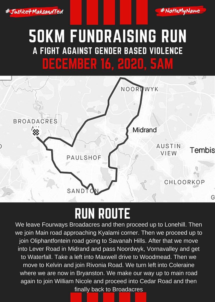 Justice4MaksTed's tweet photo. Checkout the 50km GBV fundraising run route on strava. Please follow the below link👇🏾 to see where Boipelo and team will be. Donations of minimum $1 (R15) per km are much needed. 

https://t.co/l4YdRHy9PH

https://t.co/aCbHoRrA51 https://t.co/IMgeb22MF3