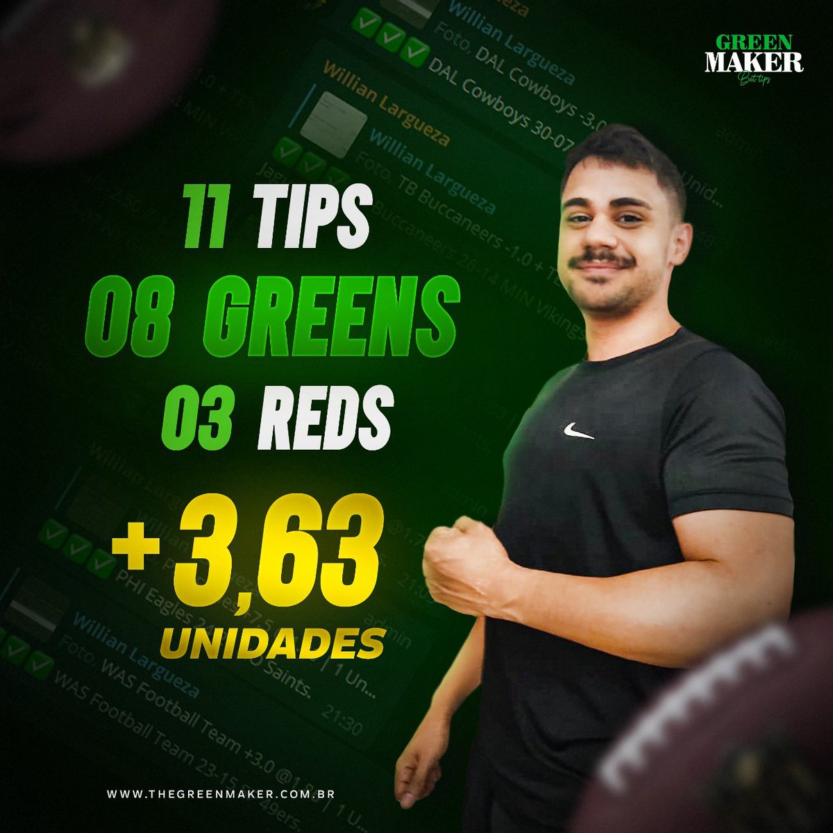 greenmaker_'s tweet photo. E assim foi a Week 14 da NFL aqui na Green Maker ao comando do @willianlargueza ! 🏈🤑

8 Greens garantidos e +3,63 unidades para nossos clientes do Pack Green!✅

Isso é Green Maker!🚀

#confianogreen #vempragm #greenmaker #nfl #packgreen https://t.co/1bu5BWUPgy