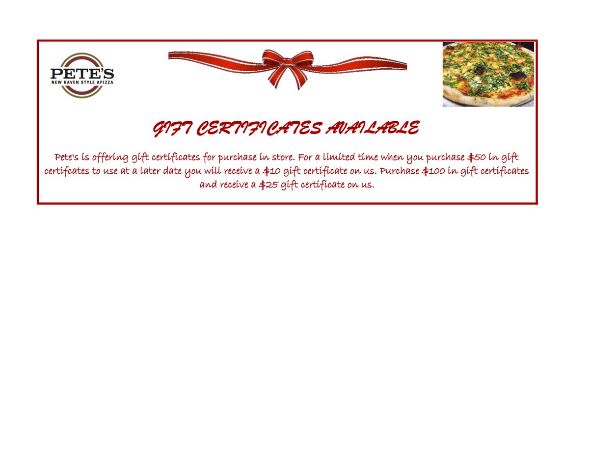Tis the season for giving and Pete's is here to help! Buy $100 in gift cards and get a $25 gift certificate or Buy $50 in gift cards and get a $10 gift certificate!