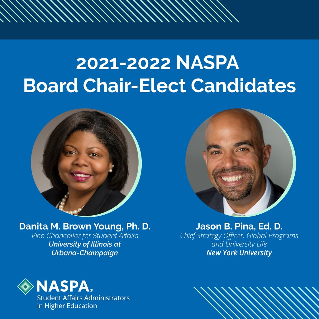 NASPAtweets's tweet photo. Presenting the 2021-22 Board Chair-elect Candidates: Danita M. Brown Young and Jason B. Pina. Join us on 1/5 at 4PM ET as @naspapres moderates a discussion with both candidates to share their thoughts on pressing issues facing the #StudentAffairs field: https://t.co/csbIy4DB6H https://t.co/INWunylZX7