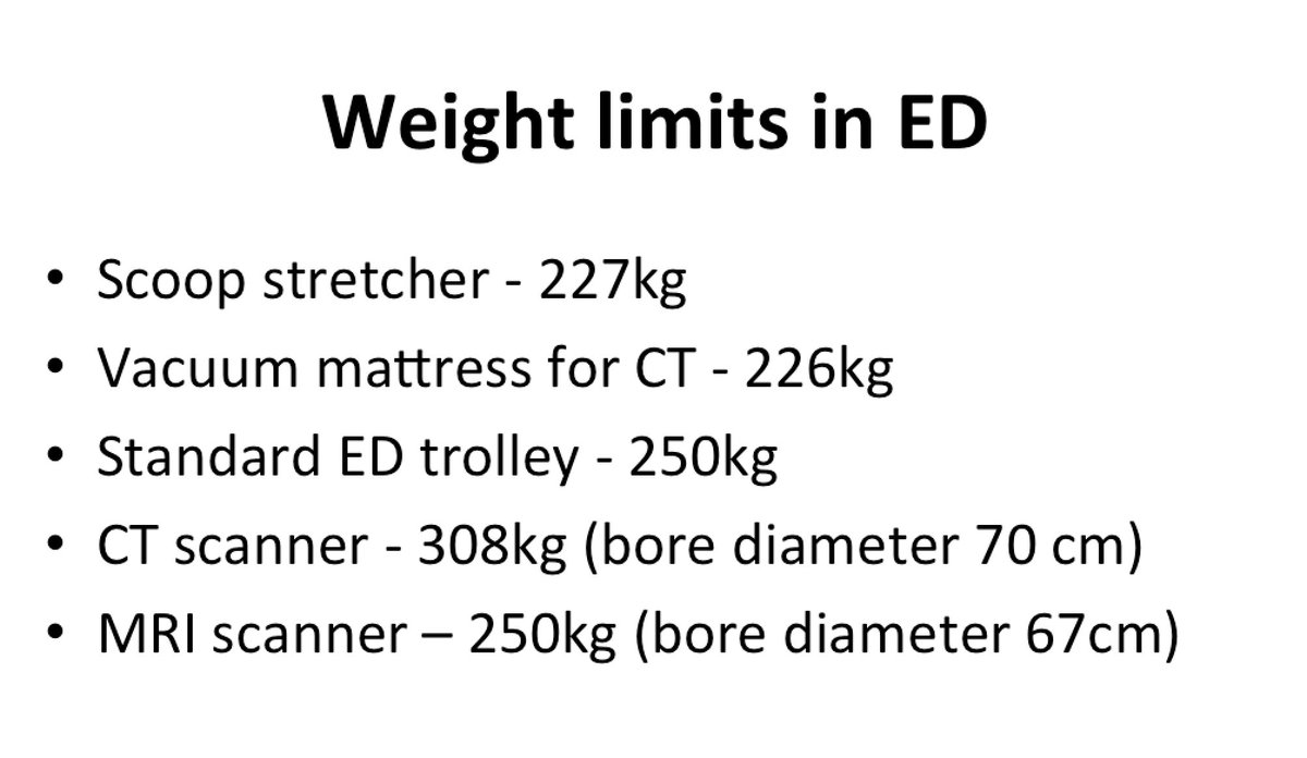 Do you know the weight limits of your equipment? More commonly the problem is that the patients circumference is too large. This prevents the patient fitting in a vacuum mattress or safely moving through the CT scanner. It’s worth checking your departmental equipment stats now.