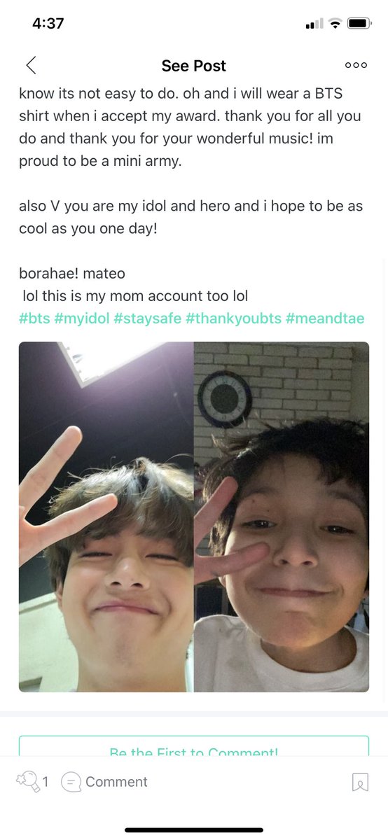 ARMYMomNSon's tweet photo. My son wanted to write @BTS_twt on @weverseofficial before going to accept his award for #thestudentheroaward he hopes #bts & #KIMTAEHYUNG sees it so they can know that they were his inspiration behind his #mateomasks making. Hope they see it! #BTSARMY #miniarmy #Weverse https://t.co/AVm3RA3TN8