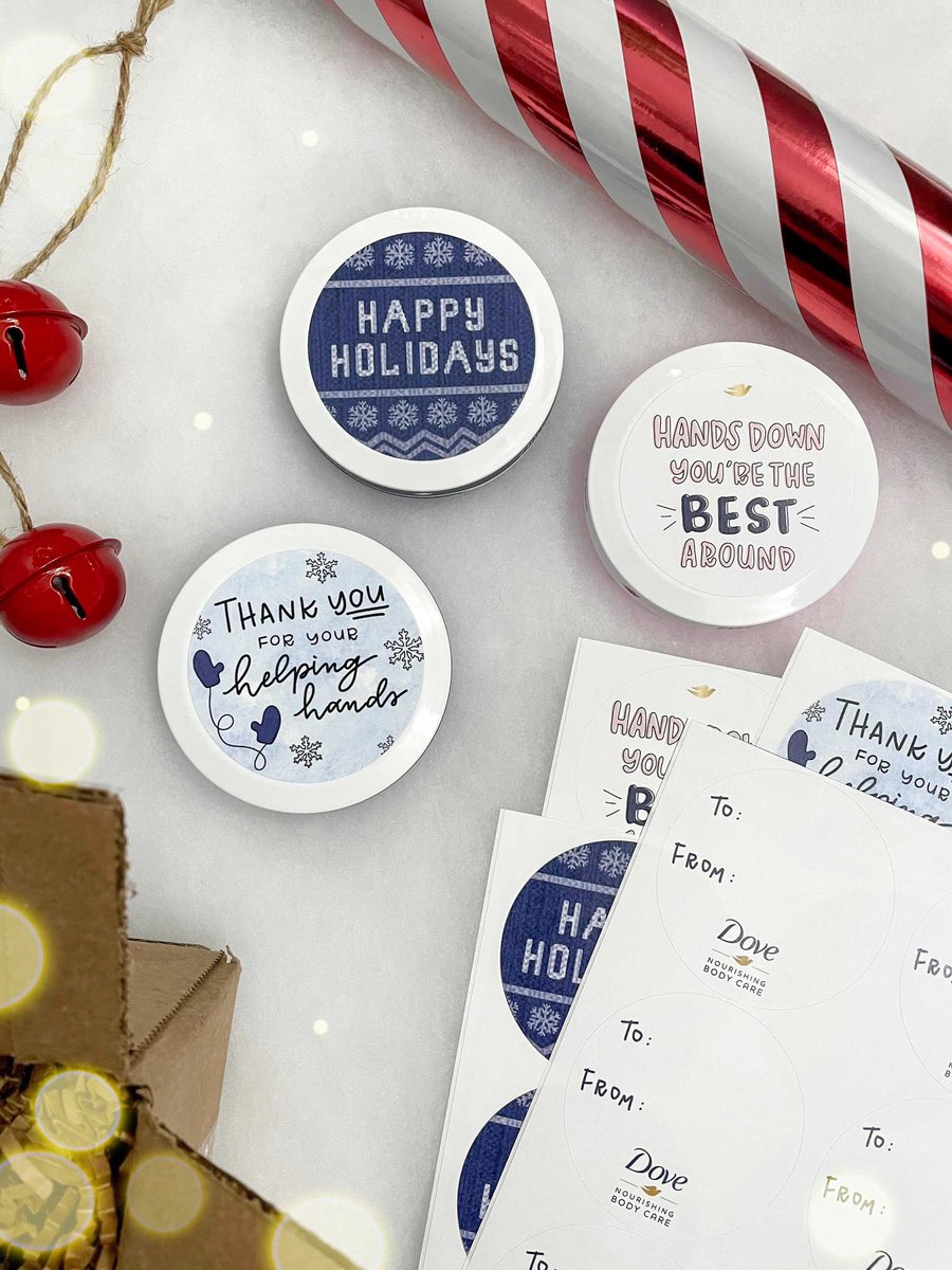 This is such an easy, adorable way to pair a small gift with something homemade! Just pick up <a href="/dove/">Dove</a> Nourishing Body Care at <a href="/dollartree/">Dollar Tree</a>, download and print these holiday stickers, and add a personal note: actv.at/bzc/ #LoveDove #DovePartner #BeautifullyNourishedSkin