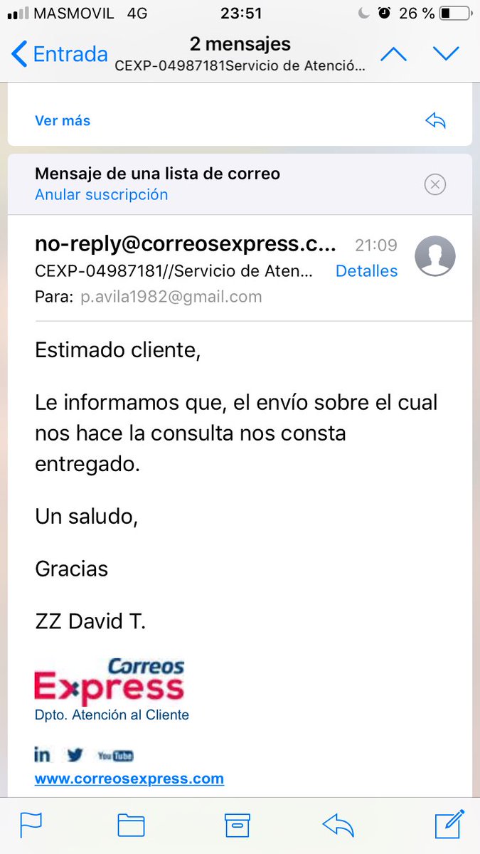 pabloRavila's tweet photo. @CorreosExpress  tarde la entrega, tarde la respuesta...quitar lo de express induce a error. https://t.co/S9eGzKuXR3