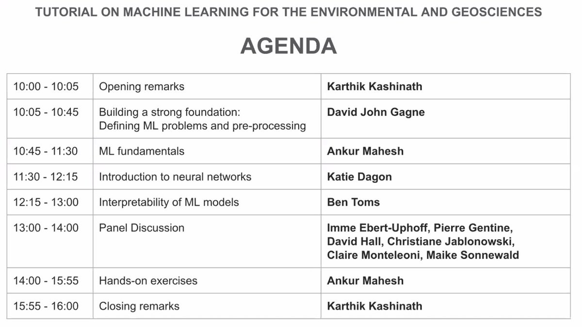 Tapping out early to go make dinner for the kiddos, but really enjoyed this afternoon's  #AGU20  #MachineLearning tutorial! Thanks to all the conveners and presenters for an outstanding set of talks, resources, and practical examples!  https://agu.confex.com/agu/fm20/meetingapp.cgi/Session/105849