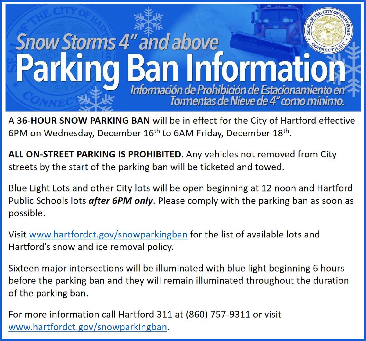 Hartford311's tweet photo. 6 PM Wednesday: Mayor Bronin Activates 36-Hour Snow Parking Ban - 36-hour snow parking ban for the City of Hartford, beginning at 6 PM on Wednesday, December 16th and ending at 6 AM on Friday, December 18th.  #hartford311 
 https://t.co/bjSvDA8D5r https://t.co/lnL1qErxxH