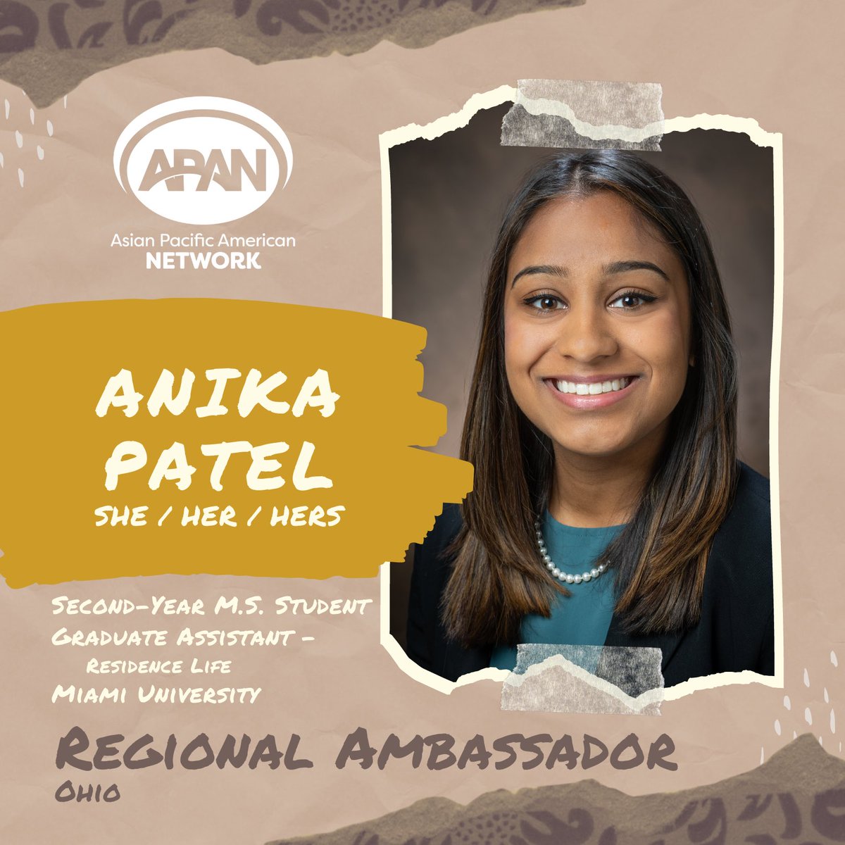 acpaapan's tweet photo. Talk to this RA abt her exp backpacking thru Europe! What’s on your destination bucket list? 🧳🗺
✨ Anika Patel ✨
she/her
2nd Yr #SAGrad @MiamiSAHE @miamiuniversity & Grad Asst @MiamiOH_ResLife
APAN Regional Ambassador (OH)
#SAPro #APIDAPlus #APIDANextGen #APIDALeadership https://t.co/LZBQiOzN7m