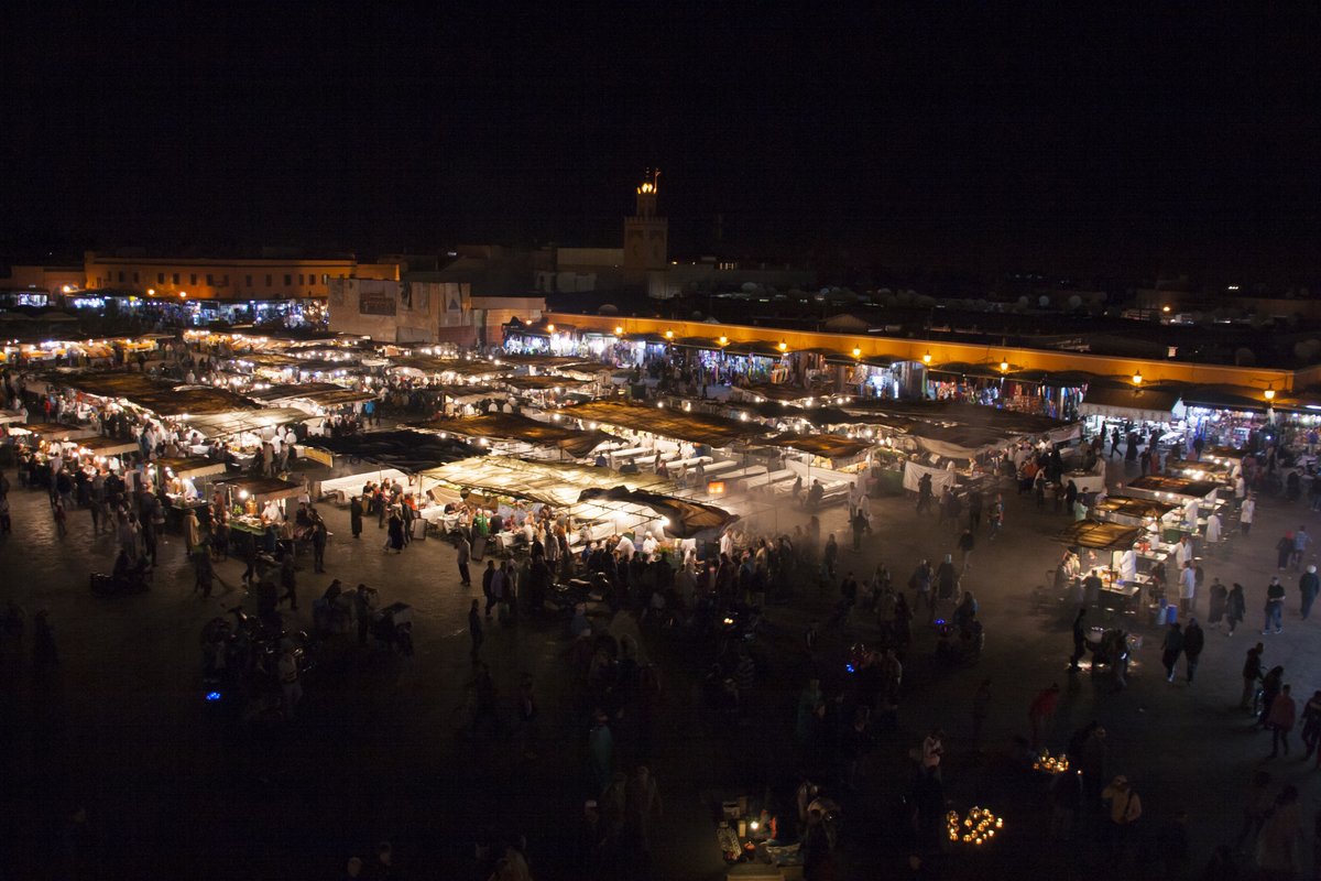 Jemaa el-Fna, Marrakech. As long as Marrakech has existed, this large open space has existed-unusual in a walled city. Legend has it that construction on the space was ordered twice. Plague struck both times, at which point it was decided that God wanted it left alone. (10/28)