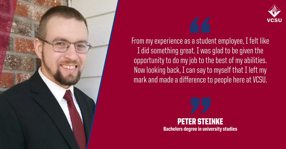 VCSU's tweet photo. Peter Steinke (Hope, N.D.) has been a valued student worker in VCSU athletics for the past 2.5 years. He graduates Thursday with a bachelor’s degree in university studies and is pursuing a job in Valley City. Congrats on earning your degree, Peter! #2020VikingGrads #VCSUProud https://t.co/nyuJb7zYWC