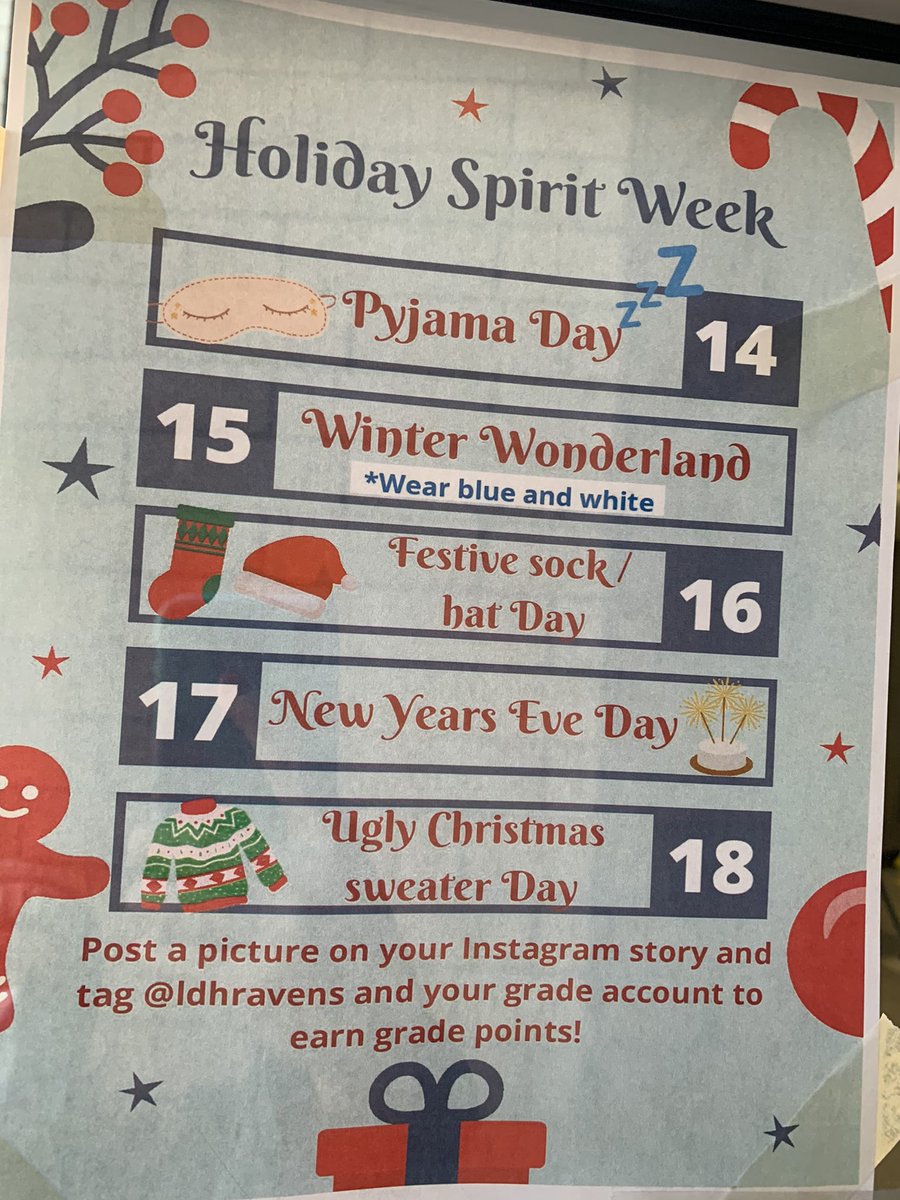 MmeBish's tweet photo. On to day #3️⃣ of Holiday Spirit Week.  Bust out those festive 🧦 and holiday 🎩 tomorrow Ravens! @ldhrise78 #LDHSS https://t.co/Q2fz6FsMeJ