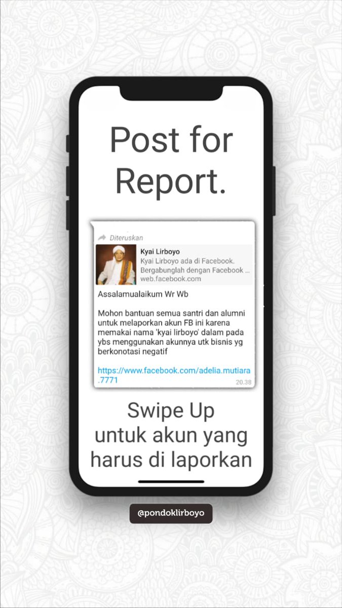 Assalamualaikum Wr. Wb.

Mohon bantuan semua Santri dan Alumni untuk melaporkan akun Facebook di bawah ini, karena memakai  nama 'Kyai Lirboyo' yang bersangkutan menggunakan akunnya untuk bisnis yang berkonotasi negatif.

m.facebook.com/adelia.mutiara…