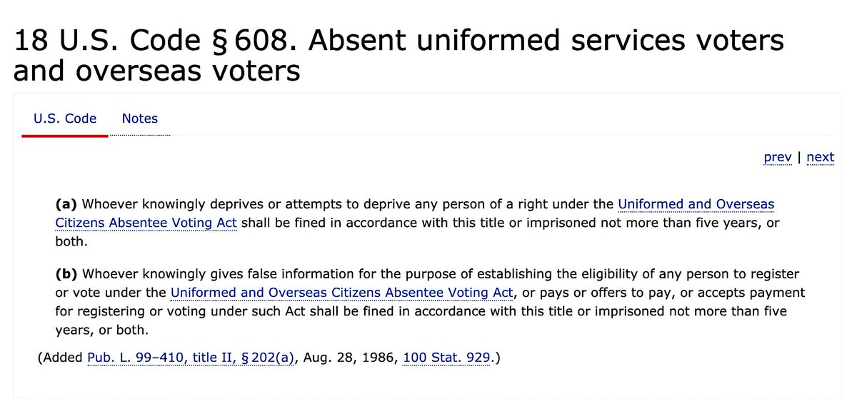 18 U.S. Code Chapter 29 - Elections And Political Activities18 U.S. Code § 608 - Absent Uniformed Services Voters And Overseas Voters'...Five Years.'
