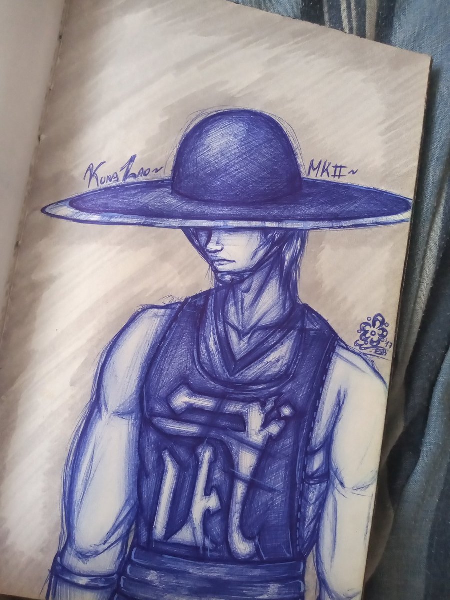 Flo_SB_13's tweet photo. An old drawing I did about #KungLao from #MortalKombat #MKII #MK2 made in blue pen ππ©π«// #Shaolin #ShaolinMonk #WhiteLotus #WhiteLotusSociety #hat #razorhat #Earthrealm #art #artwork #commission #artcommission #commissionareopen #videogame π©π https://t.co/kjQeYNBfZ5