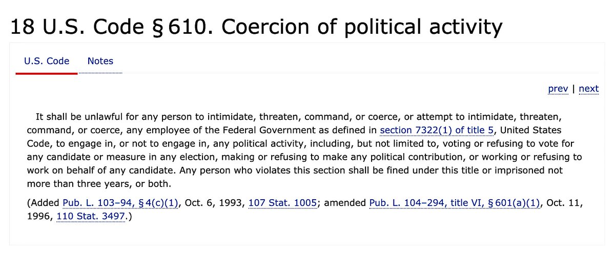 18 U.S. Code Chapter 29 - Elections And Political Activities18 U.S. Code § 610 - Coercion Of Political Activity'...Three Years.'