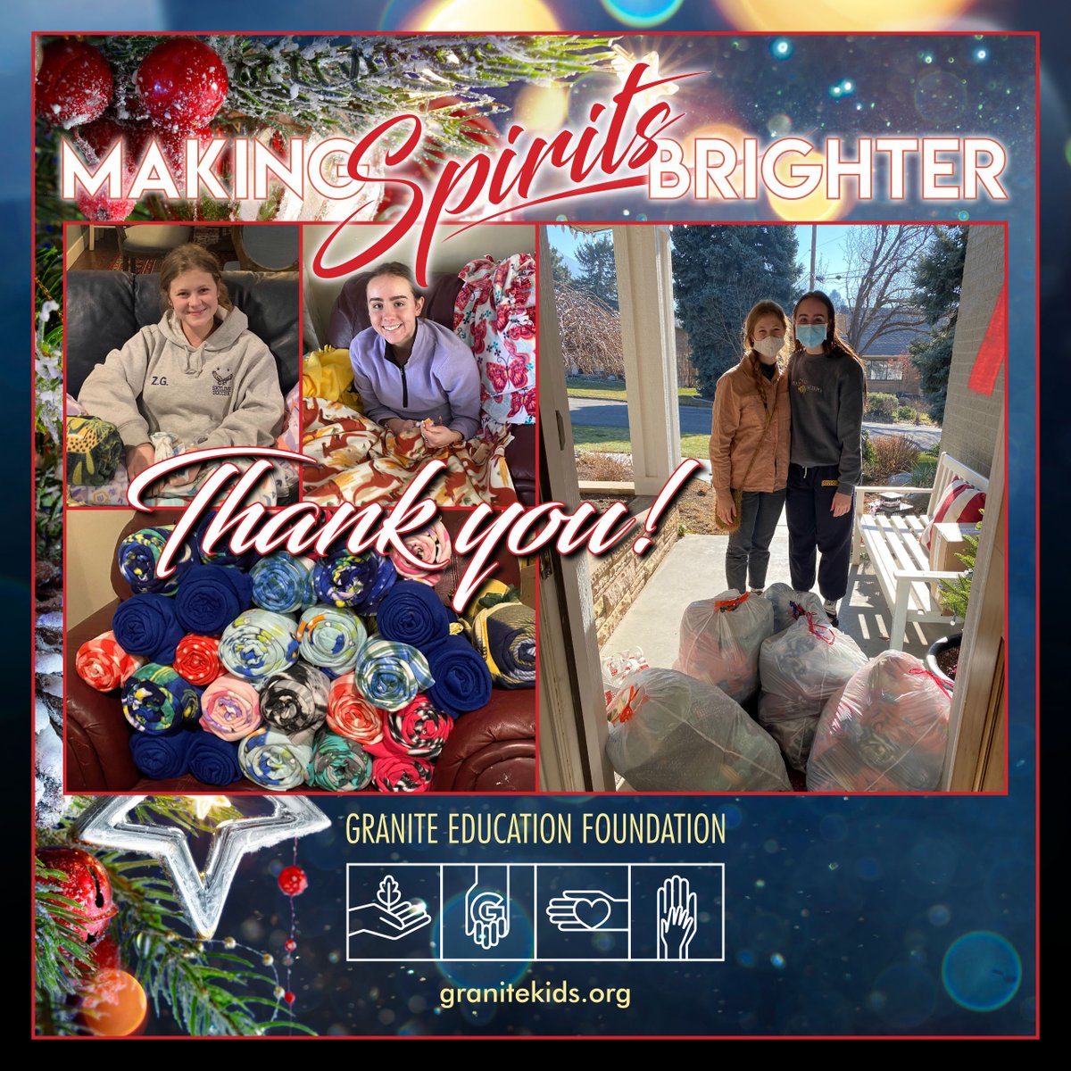 Special thanks to Sadie Bowen and Zoe Garver for their fun and generous gift of soft blankets for our children this Christmas! You women are incredible!

#GraniteGives #MakingSpiritsBrighter