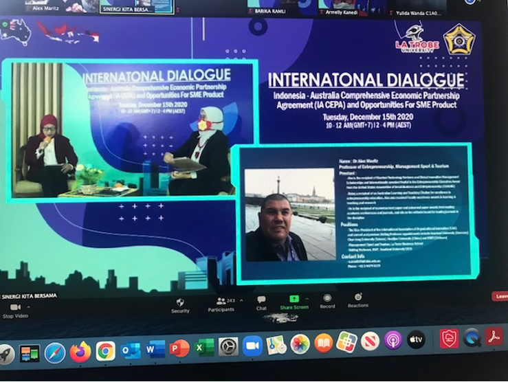 LaTrobeBusiness's tweet photo. What impact will entrepreneurs have on the future of Australia's trade investment with Indonesia? 🧐 

Recently, our resident Prof of Entrepreneurship Dr Alex Maritz spoke on just that with the University of Bengkulu, as well as bilateral agreement and 2-way trade. https://t.co/xrI1cr3ZCe