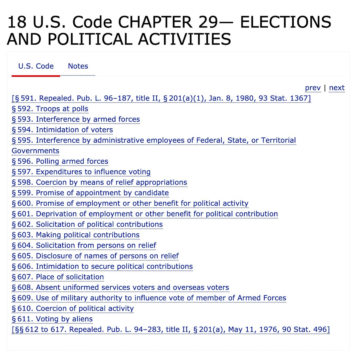 18 U.S. Code Chapter 29 - Elections And Political Activities https://www.law.cornell.edu/uscode/text/18/part-I/chapter-29