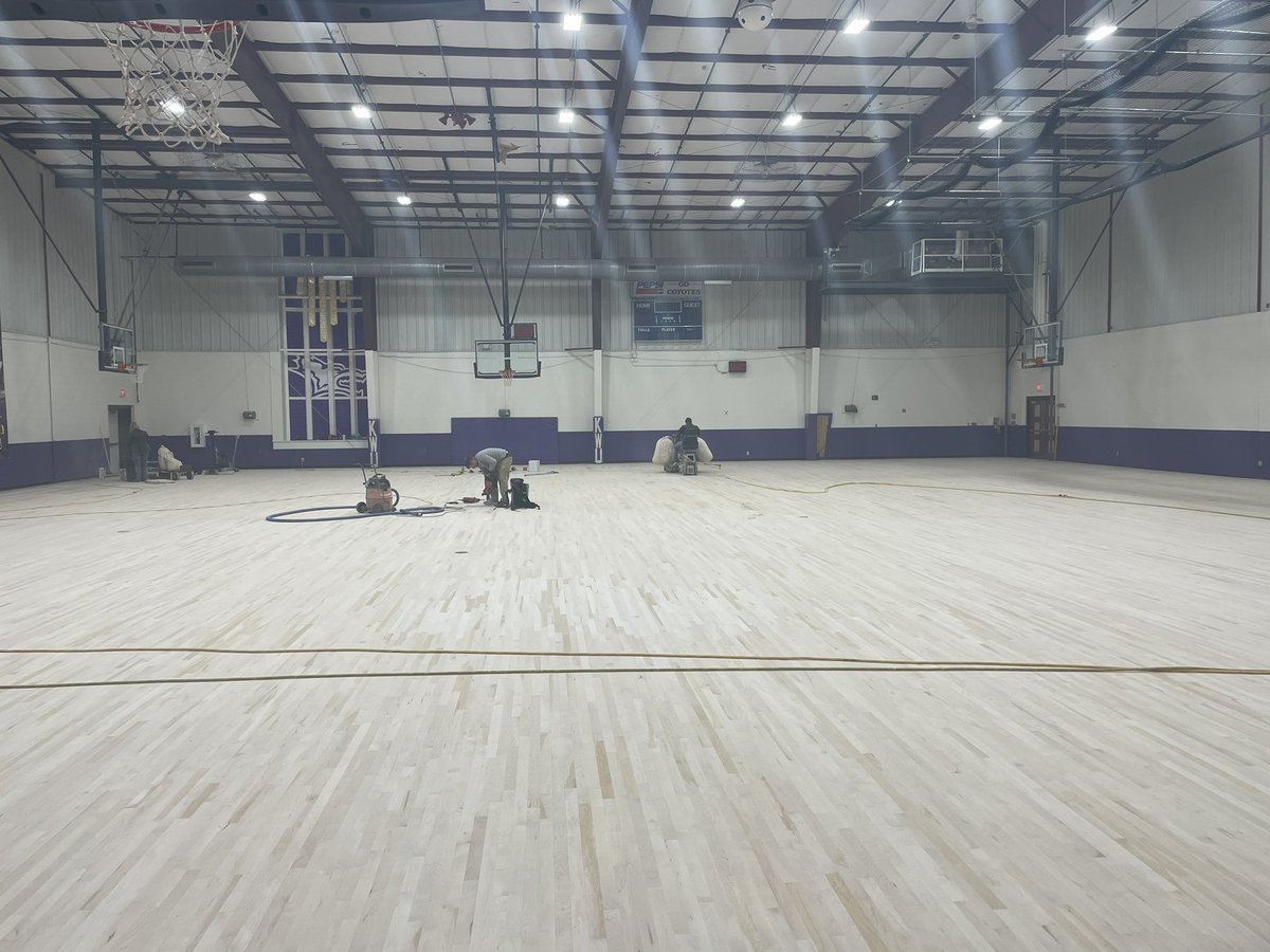SWilsonAD's tweet photo. Muir Gymnasium has one more sanding left, then it’s on to Mabee Arena. Design work later in the week. #ProjectSZN https://t.co/eCXphcQyBj