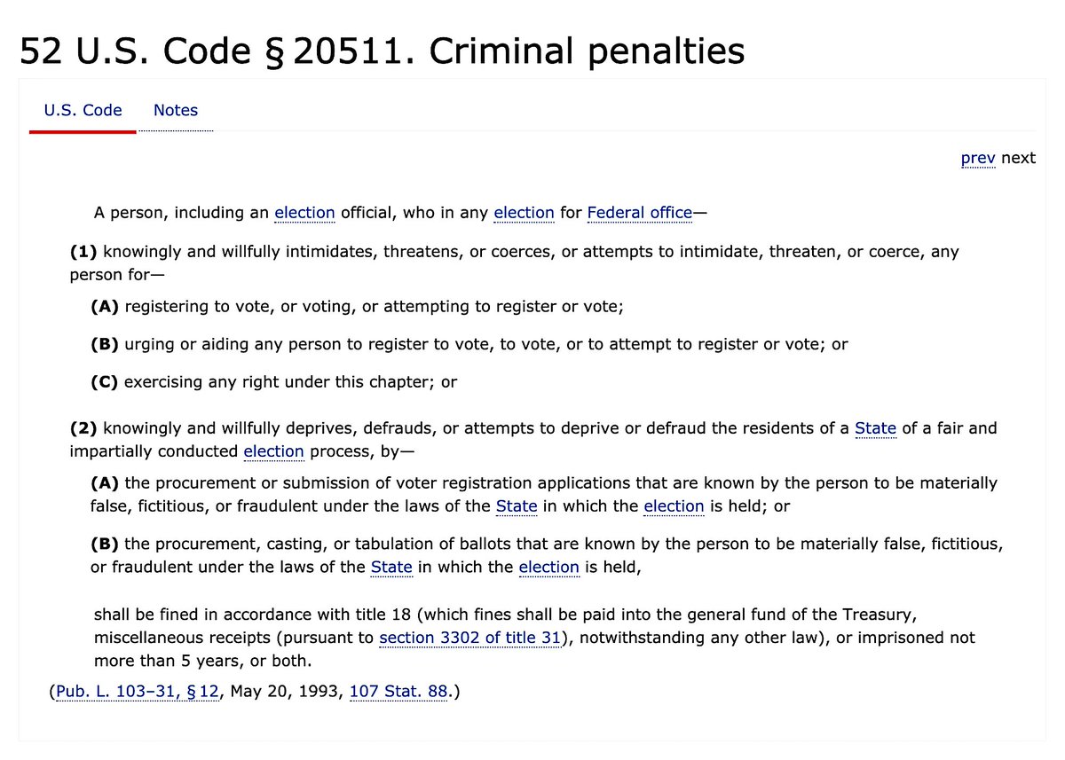 52 U.S. Code Chapter 205 - National Voter Registration‘...The Procurement, Casting, Or Tabulation Of Ballots That Are Known By The Person To Be Materially False, Fictitious, Or Fraudulent Under The Laws Of The State In Which The Election Is Held.’'...Five Years.'