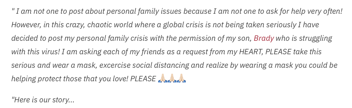 Mother of incoming freshman Brady Feeney describes her son's horrible battle with COVID. "Now we are dealing with possible heart issues!..Bottom line, even if your son's schools do everything right to protect them, they CAN'T PROTECT THEM!!!"