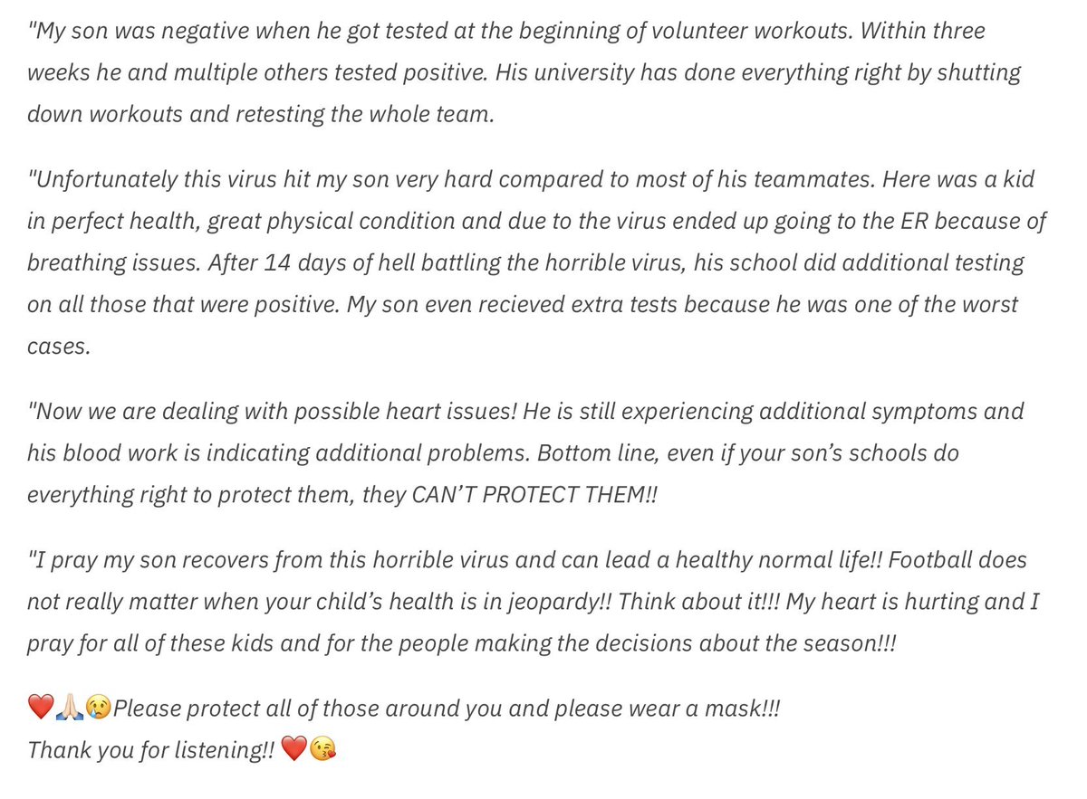 Mother of incoming freshman Brady Feeney describes her son's horrible battle with COVID. "Now we are dealing with possible heart issues!..Bottom line, even if your son's schools do everything right to protect them, they CAN'T PROTECT THEM!!!"