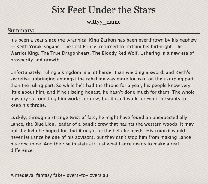 WittyyName's tweet photo. Chapter FOUR of "Six Feet Under the Stars" is now on Ao3! 💙❤️

✨Klance
✨King Keith / Royal Mistress Lance
✨Medieval Fantasy
✨Fake lovers to lovers
✨An on-going Choose-Your-Own-Adventure fic from my Patreon

https://t.co/c9Gld78sRy https://t.co/bX41JLsj22