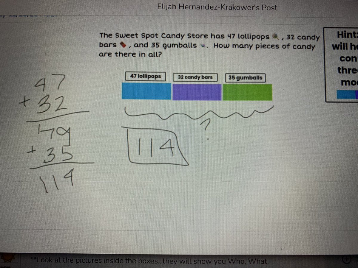 AbballeLiz's tweet photo. Second graders showing their math skills! So proud! @WheelerAvenue @JamesADever @HowellRoadVS13 @WillowRoadVS13 #barmodels #higherlevelthinkingskills https://t.co/FW1ZhXVr8G