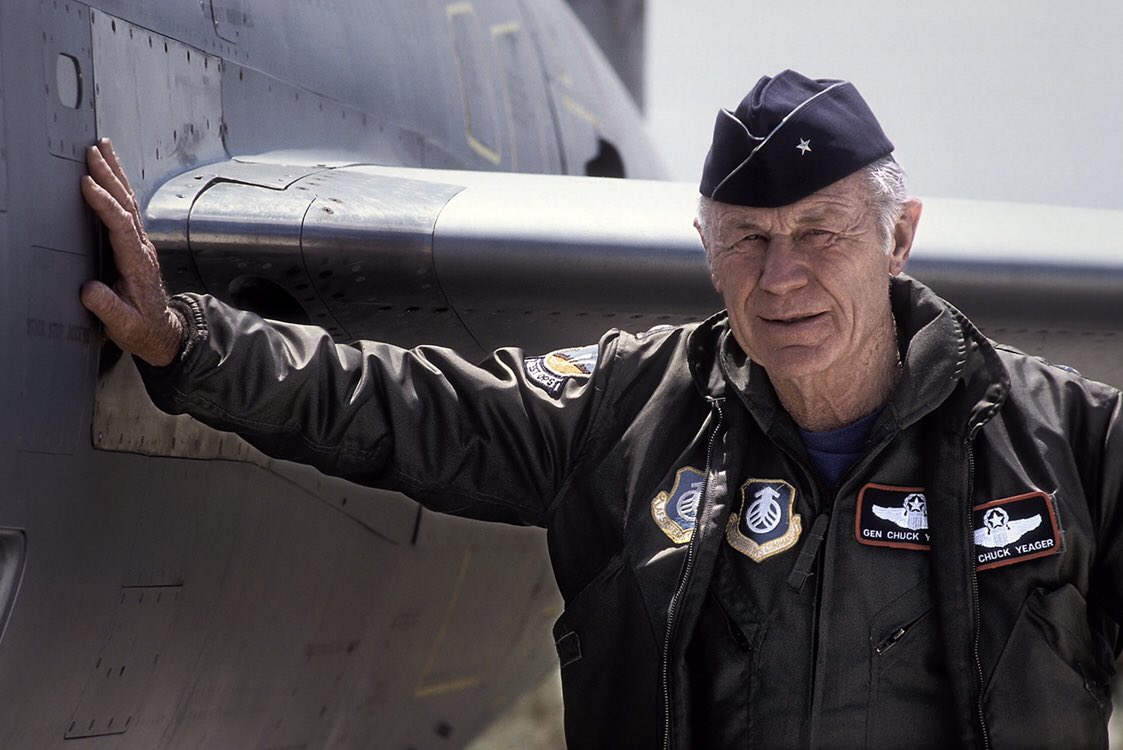 Flippy787's tweet photo. Chuck Yeager was quite possibly the most Legendary test Pilot ever. Having fought in WWII, Korean War, Vietnam, &amp; Most notably Becoming the 1st person to break the sound barrier aboard the Bell X-1 “Glamorous Glennis” (which he named after his wife Glennis Yeager) in 1947. (1) https://t.co/1vaUD7b7K8