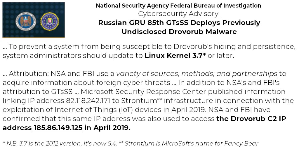 In Aug 2020 the FBI and NSA said they'd found a new (/cough/) "Fancy Bear" malware called 'Drovorub’ -- before Fancy had had a chance to use it. What luck. It was only effective against devices running 8+ yr old Linux like Infrastructure devices that were too Critical to update.