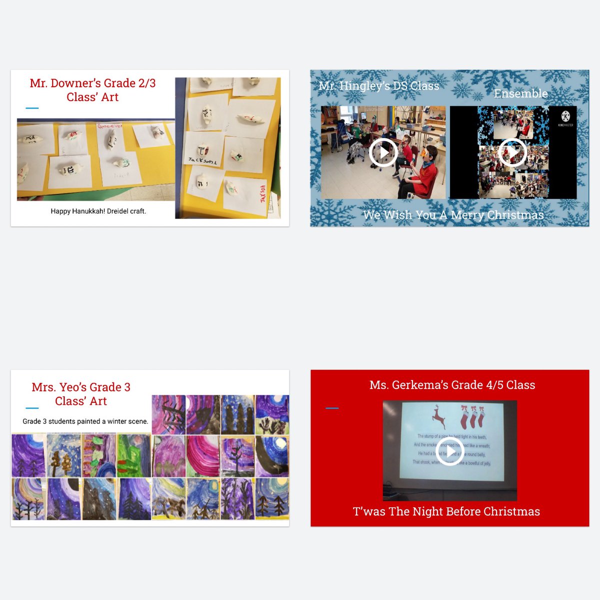 Some of the amazing contributions for our @OrchardParkPS Virtual Holiday Show 🎶 &amp; Art Display 🎨! This is how we are celebrating diverse traditions in our school &amp; broader community this winter &amp; holiday season! 🎄🕎☃️❄️🥰 #SCDSBtweets <a href="/SCDSBProgram/">SCDSB Student Achievement</a>