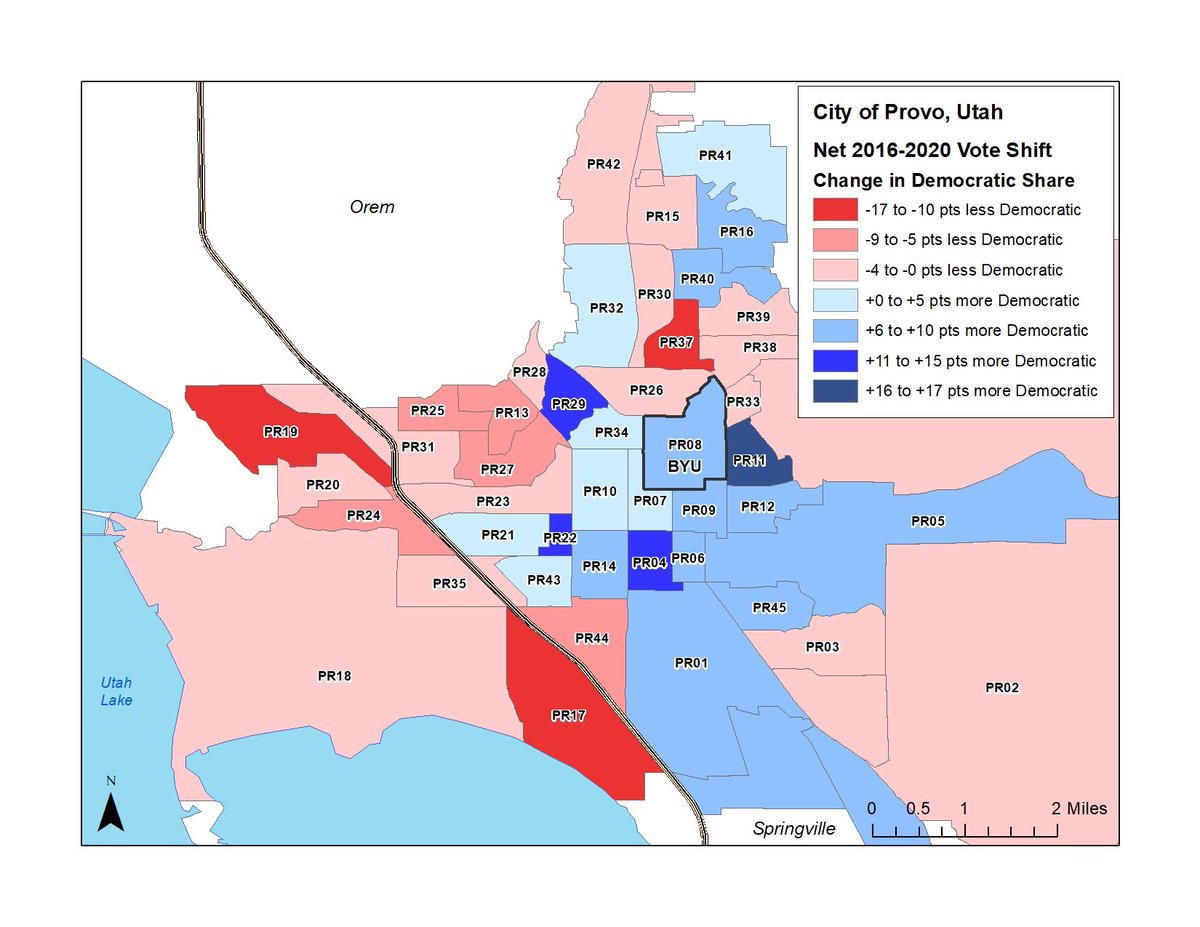 Net Dem (Biden vs Clinton) minus Rep (Trump 2020 vs 2016) vote swing in BONUS LDS precinct 2 of 2:Provo PR11 Wasatch/Tree Streets neighborhood next to BYU, home to many LDS BYU professors2016: Clinton 24-Trump 31-  @EvanMcMullin 392020: Biden 51-Trump 40Net swing = +17 D(!)