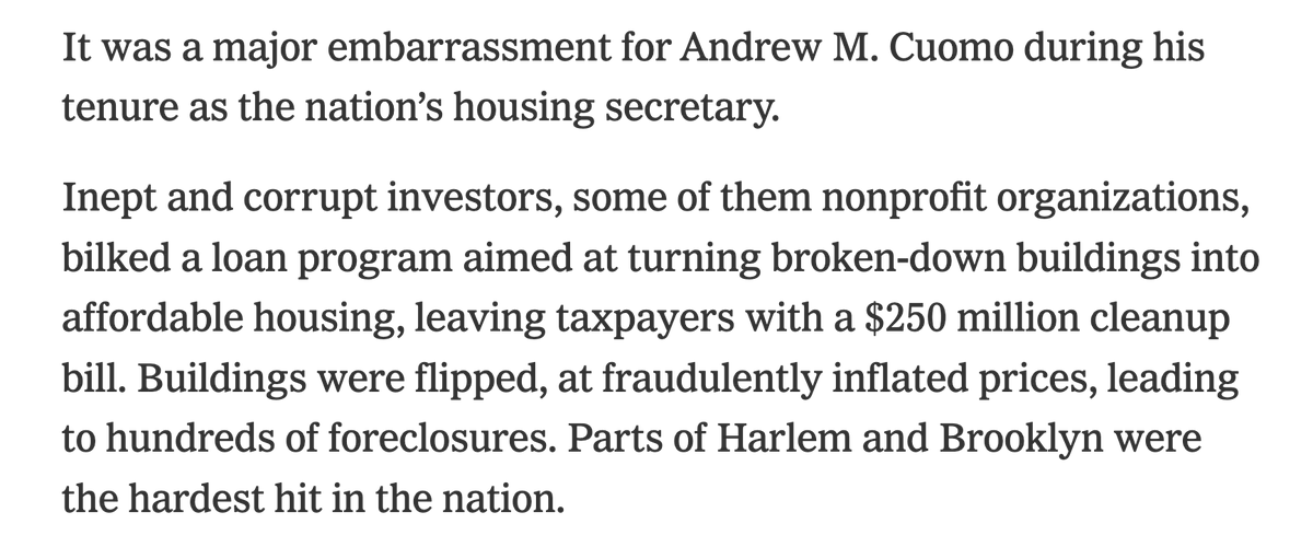 Let's talk about Cuomo's last time working for White House.When under his lead, communities were robbed of resources then left with foreclosures and a $250M bill in what local leaders called the “worst scandal in the recorded history of our community.” https://www.nytimes.com/2006/11/02/nyregion/02hud.html