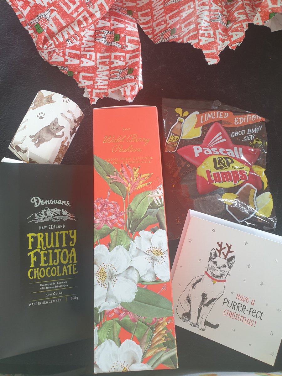 eminitzu's tweet photo. Oh my gosh I was definitely very spoilt by my #SecretSantaNZ2020 so thank you soooo much! And thank you so much for including my fur baby. I absolutely love the kiwiana theme with the L&amp;P chocolate and the FEIJOA chocolate 🤤 the wild berry Pavlova diffuser smells delicious 💗💗 https://t.co/n9KwZVQZ1v