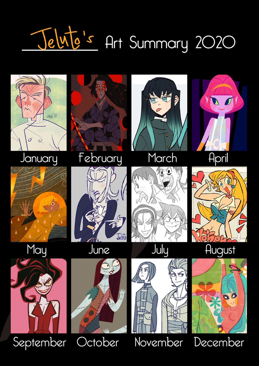 My art summary for 2020 o(-( thank you so much everyone for your support this year!!!! and for sticking with me despite there being so many dry spells between pics LOL excited to see what I'll make in 2021 ??? 