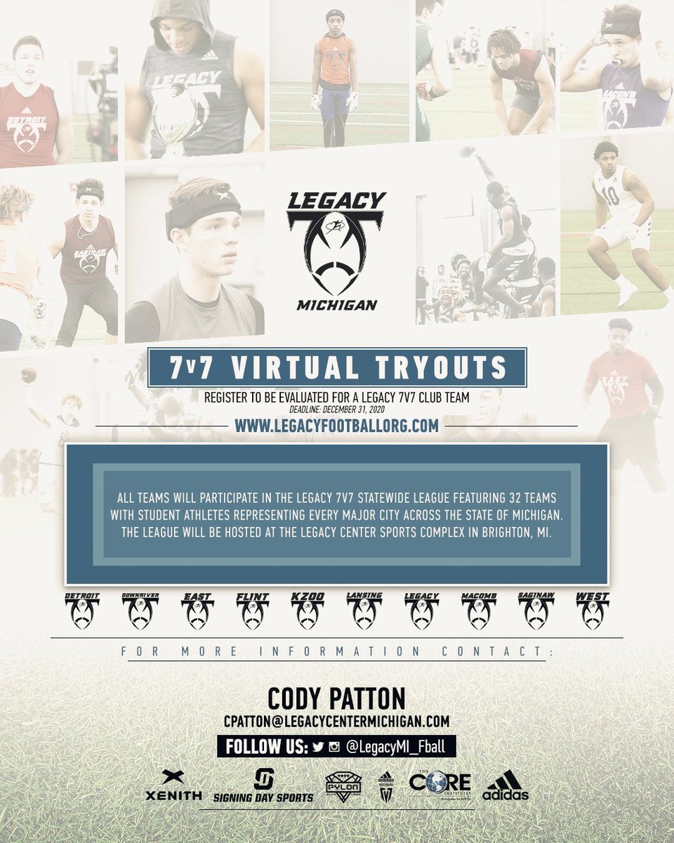 LegacyMI_FBall's tweet photo. Legacy Football is 100% committed to running our 7v7 Statewide Club League featuring 32 teams from across the state. Due to Covid restrictions we will be moving all tryouts to a virtual process! If you haven’t already Registered for Tryouts Click 
https://t.co/KectclKg3u… https://t.co/WNCxcldMbl