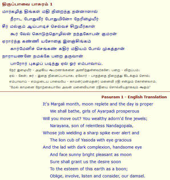  #பாசுரம் 1மார்கழித் திங்கள் மதிநிறைந்த நன்னாளால்!நீராடப் போதுவீர் போதுமினோ நேரிழையீர்!சீர்மல்கும் ஆய்ப்பாடிச் செல்வச் சிறுமீர்காள்!கூர்வேல் கொடுந்தொழிலன் நந்தகோபன் குமரன்.....
