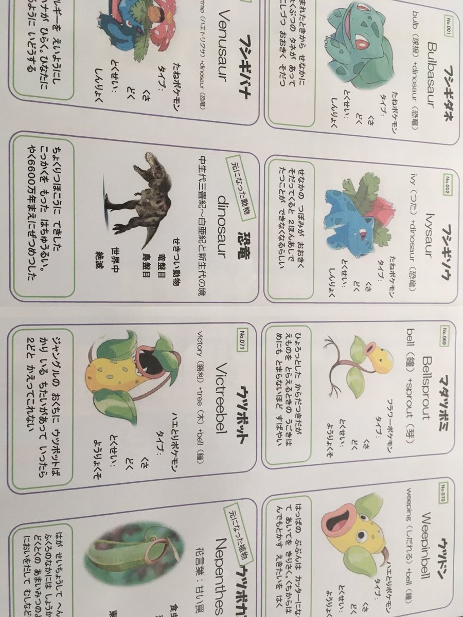 佑 ポケモンの英語名が面白いよー って前に見たので ポケモン図鑑作ってみてる デザインの元ネタであろうリアル生物情報付きで理科の勉強にもな れ ポケモン おうち英語 小学生