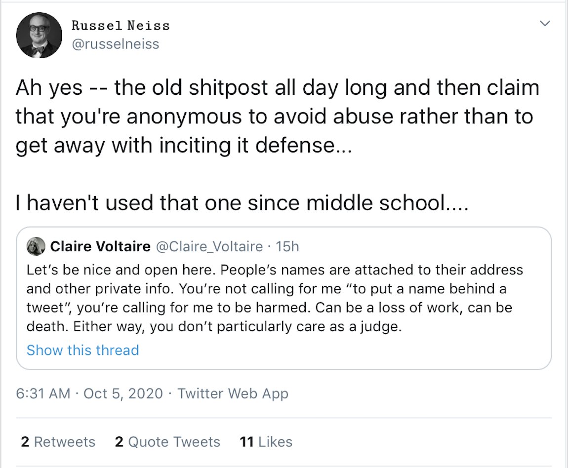 On October 5th, 2020, Russel posted a rather antagonizing tweet over my request to have my private information protected. I don't know Russel. I never spoke to him. David, whom I don't know as well, replied with a rather cryptic tone.