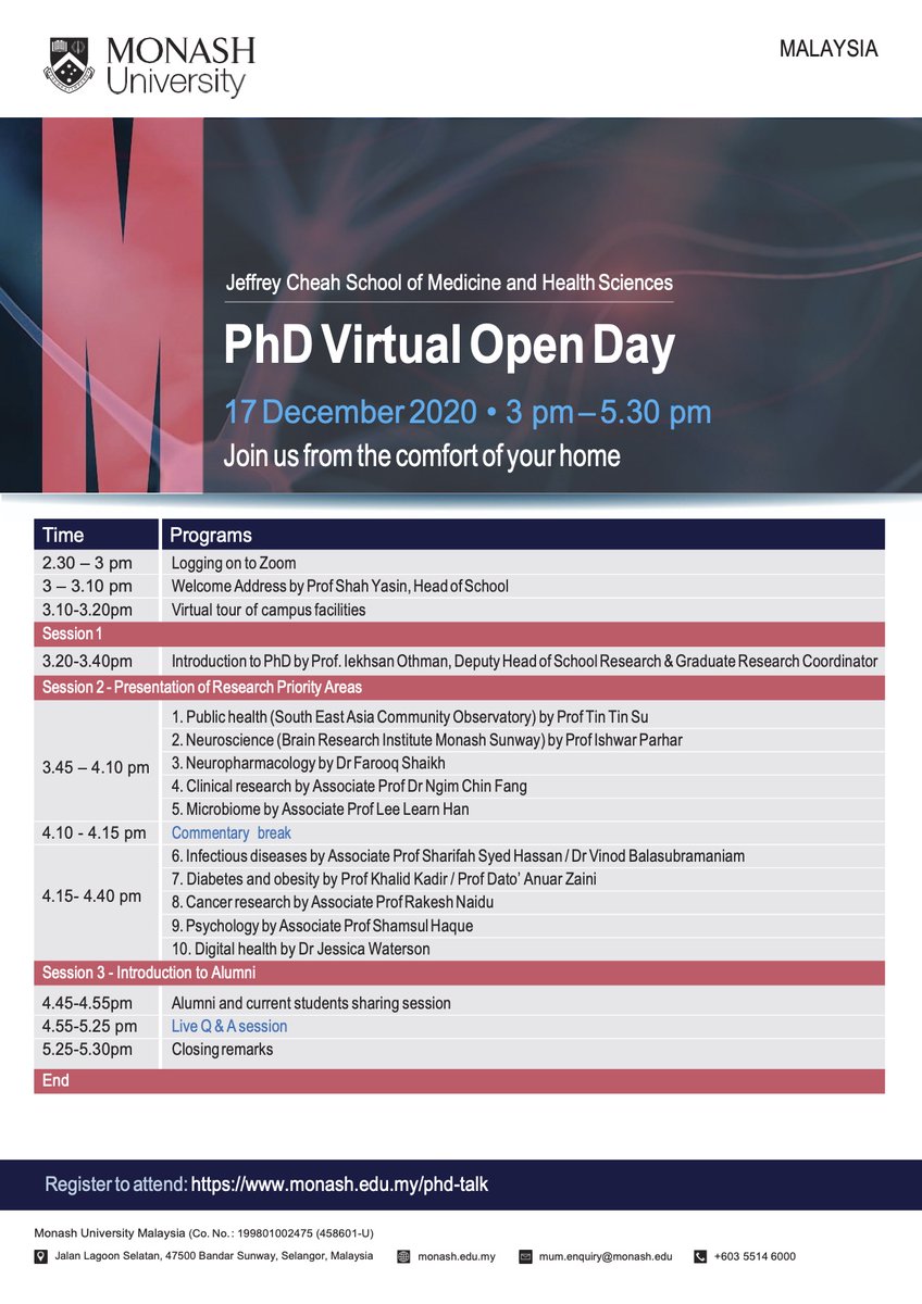 Learn more about getting a PhD from the School of Medicine at Monash Malaysia tomorrow! #DigitalHealth is one of our research strengths. Hope to see you there!