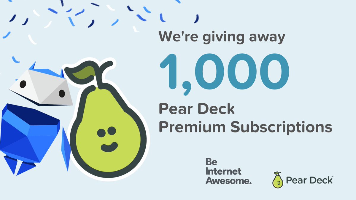 ✨ Announcing our biggest giveaway ever! ✨ Pear Deck is partnering with @googleforedu’s Be Internet Awesome to give away 1,000 Pear Deck Premium Subscriptions in celebration of #SaferInternetDay! 

Learn more and enter to win: hubs.la/H0CHcv90
