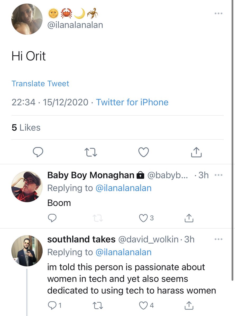 Today is your lucky day! Ilana just got back after being suspended by  @Twitter for what, like 5 times for abusive behavior? And what does she have to say? My first name. What else is there? David Wolkin quoting my resume from LinkedIn, and Max Sparber rejoicing.