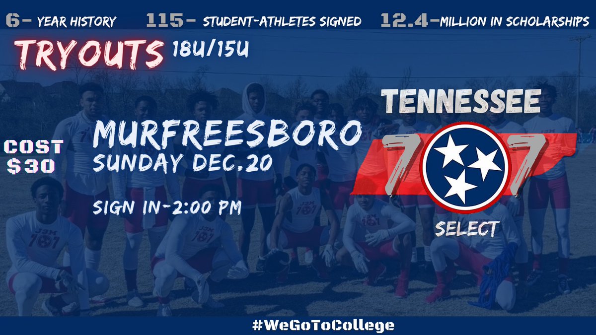 TNSelect7V7's tweet photo. Final #TNSelect7v7 18U/15U (Grades 7-11)Tryout this SUNDAY Dec 20th at Oakland HS Murfreesboro,TN. Sign In starts at 2pm. Mask are Required!!! Registration Link Below. COME JOIN THE FAMILY!   
https://t.co/f63PdQnA9J https://t.co/px3RlJpLdh