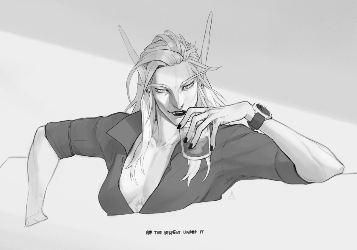 A little Sylvanas fanart from @/Redisaid1's fanfic series : Inevitability (or a Study of Life After Death) &amp; But be the serpent under it

I had such vivid images of Sylvanas with her neat shirts and rolled up sleeves and her big watch  😩  

#sylvaina