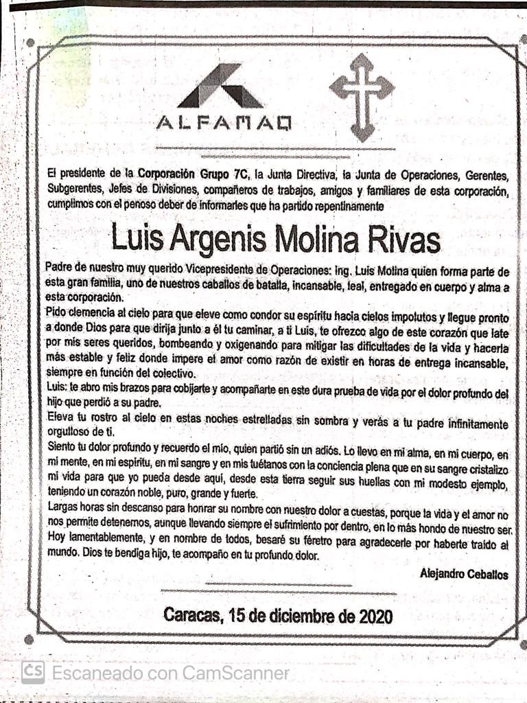 Haras Urama y Grupo 7C se unen al duelo que aflige a nuestro compañero de trabajo, el Ingeniero @Luismolina08 por la pérdida de su padre LUIS ARGENIS MOLINA RIVAS. Descanso a su alma y fuerza para nuestro amigo Luis.