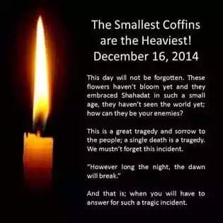 DrMahnoorkhan1's tweet photo. #APSPeshawarAttack آرمی پبلک اسکول پشاور پردہشتگردوں کےحملےکو چھ سال مکمل ہوگئے لیکن زخم آج بھی تازہ ہیں، ایسے لگتاہے کل کی بات ہے۔دل آج بھی نھنے پھولوں کیلئے خون کے آنسو روتا ہے۔ 😢
ہم نہیں بھولے ! #APSPeshawar #16December2014 #16December #16DecemberBlackDay #16DecAPS https://t.co/3bhFMrhEh2