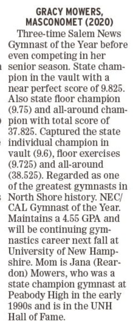 ALL-DECADE GYMNASTICS TEAM! MULTIPLE Masconomet gymnasts (past and present)! Gracy Mowers!