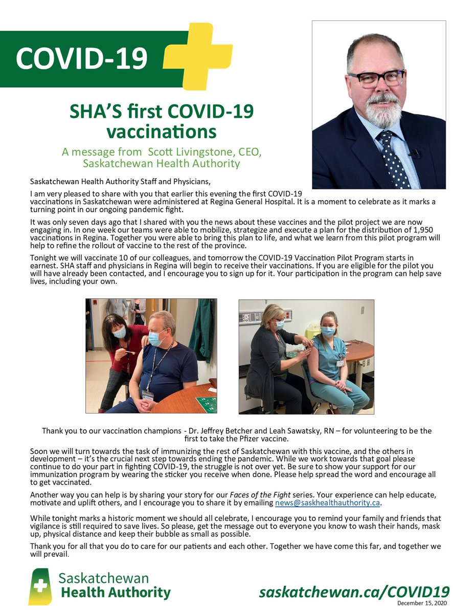 SaskHealth's tweet photo. Scott Livingstone, SHA CEO, says first COVID-19 vaccinations in Saskatchewan, administered at Regina General Hospital, "is a moment to celebrate."

Click here to read the full message: https://t.co/KBQ23Og9RY  #COVID19SK https://t.co/tXggBkEvkP