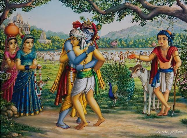 Aval (poha)tied in a piece of cloth to offer to the Bhagwan. There were hardly three mouthfulls of the “aval” when Kuchela reached DwarkaKrishna who saw Kuchela approaching the palace from far, was very happy that he ran out into the streets to embrace him.